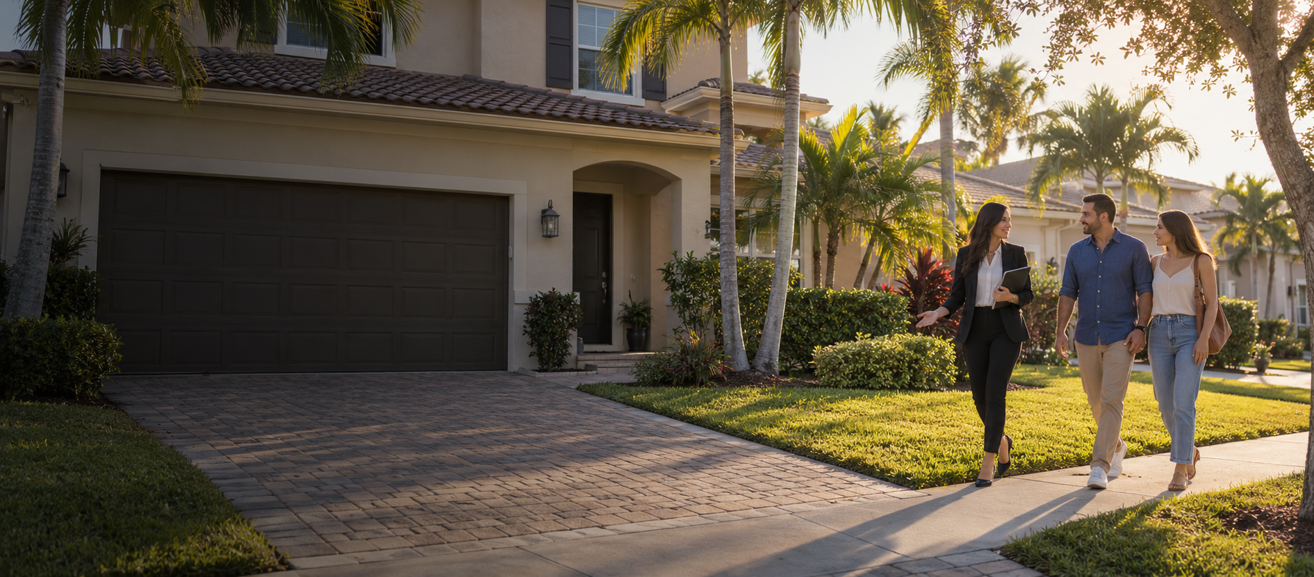 A real estate agent welcoming home buyers in South Florida
